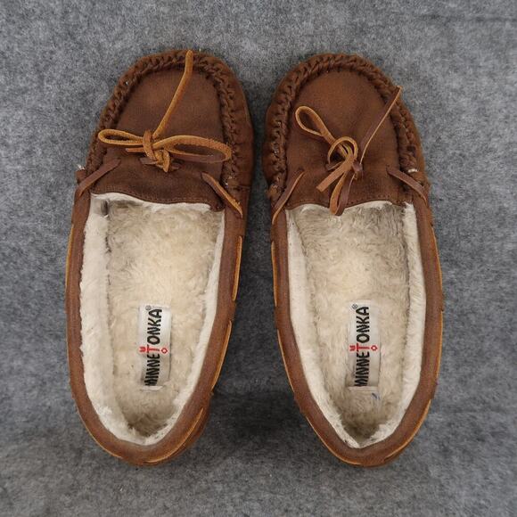 Minnetonka Shoes Womens 7 Slipper Loafer Moccasin Slip On Faux Fur Comfort Brown - Picture 6 of 11